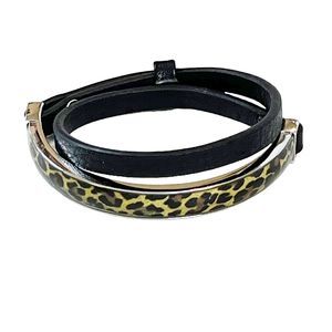 Lia Sophia Ocelot Wrap Bracelet Black Leather & Print Metal Feature Excellent!